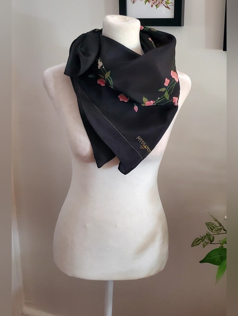 Silk Scarf with Gold Accents And Pink Flowers